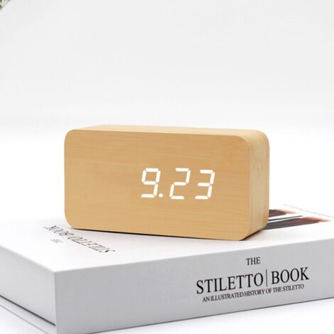 Numérique Réveil Bois Réglable Luminosité Contrôle Vocal LED Horloge Rectangle Affichage Temps Température Décor À La Maison-Ensoleillé (1/2)