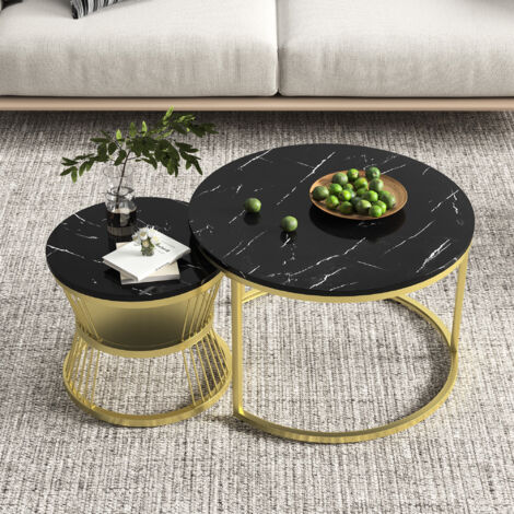 Set aus 2 runden Satztischen, schwarz Marmor & Gold – modernes Design & platzsparend