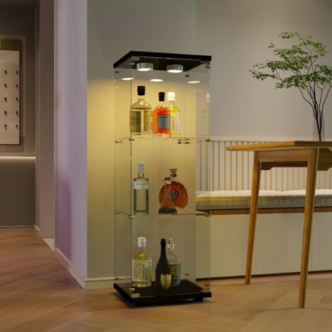 Ausstellungsvitrine aus gehärtetem Glas, 3 Einlegeböden mit LED-Beleuchtung – 42 x 36 x 125 cm – Schwarz