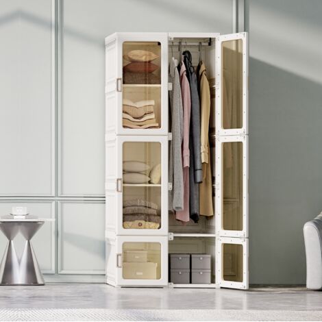 Modularer Klappschrank mit 8 Fächern, 6 Türen und 1 Kleiderstange – Platzsparende, tragbare Aufbewahrung für Kleidung – Weiß