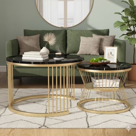 Set aus 2 modernen runden Couchtischen – Tischplatte in Marmoroptik & goldenes Metallgestell – Wohnzimmer & Schlafzimmer – Schwarz (1/5)