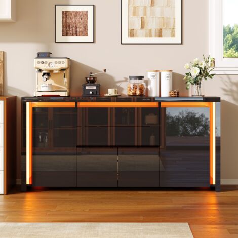 Sideboard 160 x 35 x 75 cm – Aufbewahrungsmöbel – 4 Türen, 2 Schubladen mit LED-Beleuchtung – Modernes Design – Glänzendes Schwarz