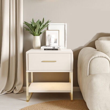 Nachttisch – 2er-Set – 40 x 31 x 50 cm – Nachttisch mit LED – Schlafzimmermöbel – Samtstoff – Beige