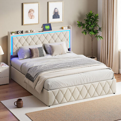 Bettrahmen 140x190 cm, beiger Samt, USB und LED, Schlafzimmermöbel, modern und schlicht, Doppelbett 140x190 cm (1/5)
