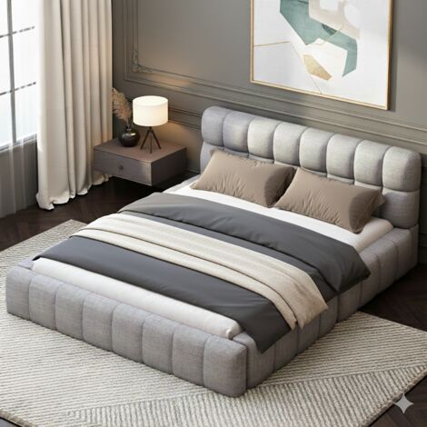 Gepolstertes Doppelbett mit bequemem Kopfteil – Elegantes Design – Baumwoll-Leinen-Stoff – Robust – 140 x 200 cm – Grau (1/5)