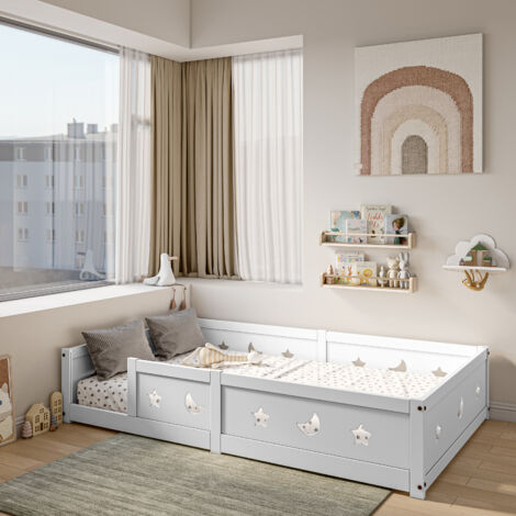 Skandinavisches Kinderbett 120 x 200 cm, weiß, Massivholz – Stern- und Mondmotive – Bettrahmen 120 x 200 cm mit Lattenrost – Umrandung