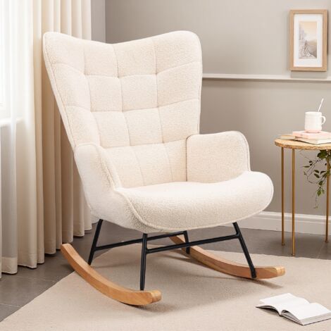 Bequemer Schaukelstuhl – Rückenlehne aus Plüsch, Füße aus Massivholz, elegant zum Entspannen und Lesen im Wohnzimmer – Beige – 91 x 89 x 69 cm (1/5)