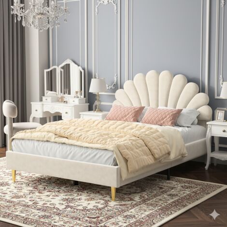 Erwachsenenbett 140 x 200 cm – Doppelbett mit Lattenrost – gepolstertes Bett 140 x 200 cm – Samt – 140 x 200 cm – Bettgestell – beige (1/5)