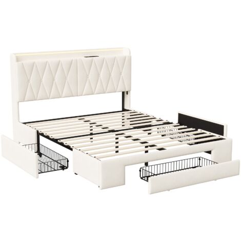 Doppelbett 140 x 190 cm, Erwachsenenbett mit Schubladen und Lattenrost, gepolstertes Bett aus Samt, Bett 140 x 190 cm, beige