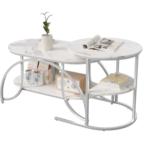 Ausziehbarer Couchtisch, Set aus 2 modernen Couchtischen mit Tischplatte in Marmoroptik und Metallgestell, 80 x 46 x 45, weiß und silber