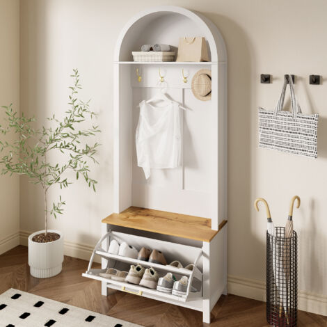 Garderobe mit Schuhregal – Flurmöbel mit Regal und Haken – praktische Aufbewahrung – 75 x 35 x 195 cm – weiß