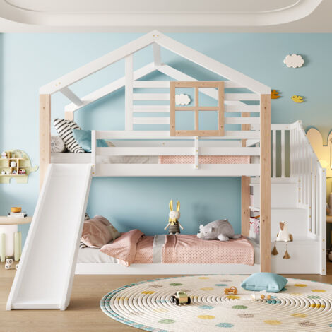 Etagenbett 90 x 200 cm – Kinderbett im Hüttenstil – mit Rutsche und Leiter – aus Massivholz – Weiß