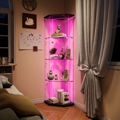 Glasvitrine mit 4 Ebenen – fünfeckig – mit RGB-LED – Sammlerstück mit Schloss 42,5 x 42,5 x 162 cm – schwarz