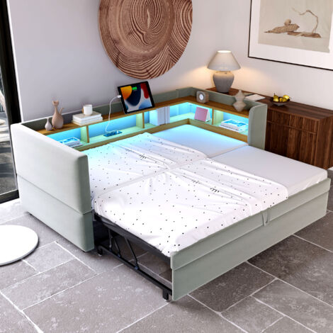 Ausziehbett 90/180 x 190 cm – LED-Schlafsofa mit Steckdosen und viel Stauraum – hellgrau