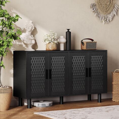 Sideboard 140 x 40 x 80 cm – Aufbewahrungsschrank – 4 Türen – Rattanoptik im skandinavischen Stil für Wohnzimmer und Schlafzimmer – Schwarz