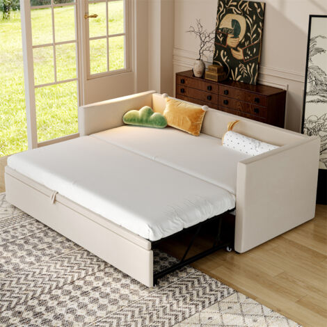 Ausziehbett 90/180 x 200 cm – Schlafsofa mit Lattenrost – ohne Matratze – Samtstoff – beige