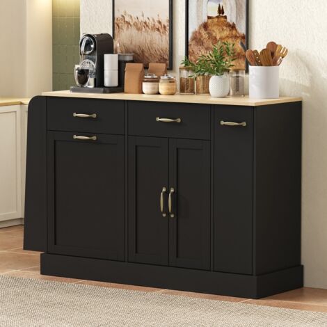 Küchen-Sideboard mit integriertem Abfallbehälter – 133,5 x 40 x 86 cm – Moderne Gewürzregale – Schwarz und Holz