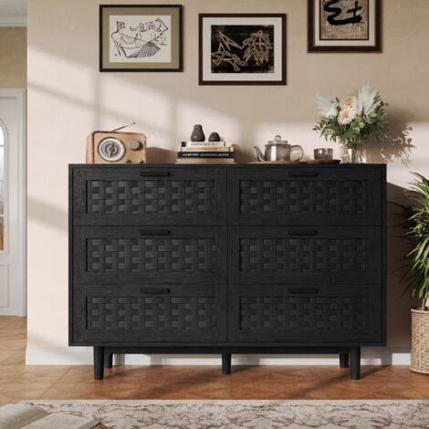 Kommode mit 6 Schubladen – 115 x 40 x 80 cm – Niedriges Sideboard aus geflochtenem Rattan – im natürlichen skandinavischen Stil, Aufbewahrung für Schlafzimmer und Wohnzimmer – in Schwarz (1/5)