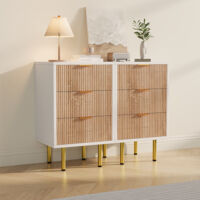 Set aus 2 Nachttischen – 40 x 40 x 65 cm – mit 3 gewellten Schubladen, Füßen und Griffen aus vergoldetem Metall – Weiß und helles Holz
