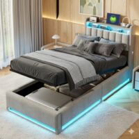 Bett 90 x 200 cm – Bettkasten 90 x 200 mit Lattenrost und Kopfteil mit Stauraum – LED und Ladeanschluss – Samt – grau