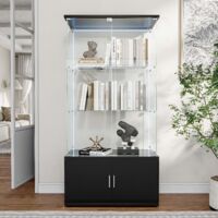 Glasvitrine – 3 Ebenen/Regale mit Schrank – mit LED-Beleuchtung – 78 x 35 x 164 cm – Schwarz