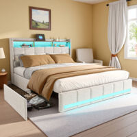 Doppelbettrahmen 160 x 200 cm – Beigefarbener Leinenstoff – LED und USB/Typ C – 4 Schubladen – Modernes Design