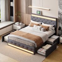 Bett 160 x 200 cm, Kopfteil mit LED und USB, 4 Metallschubladen mit Rollen, dunkelgraues Leinen