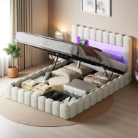 Doppelbett 140 x 200 cm - Leinenstoff - USB und LED - Lattenrost mit 12 Latten - Bettrahmen 140x200 cm - Beige
