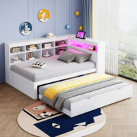 Ausziehbett 90 x 200 cm + 90 x 190 cm – Schlafsofa mit Regalen, Stauraum, USB, LED – aus Holz – weiß