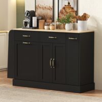 Küchen-Sideboard mit integriertem Abfallbehälter – 133,5 x 40 x 86 cm – Moderne Gewürzregale – Schwarz und Holz