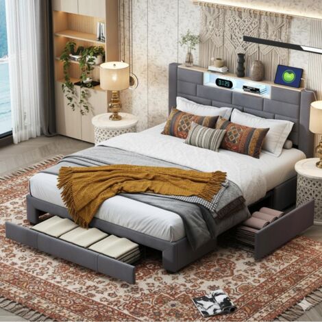 Letto 160x200 cm - Letto matrimoniale con cassetti contenitori e LED RGB - con prese USB e Type-C - Velluto grigio (1/5)