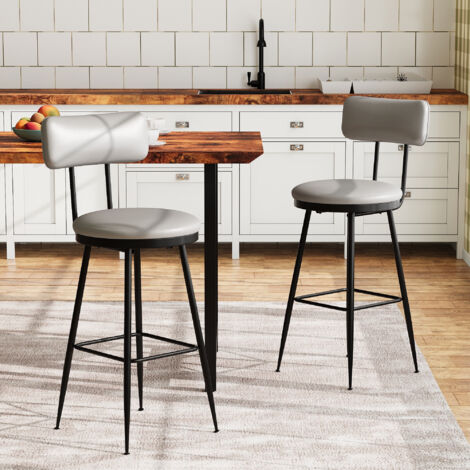 Set di 2 sgabelli da bar - Sedia alta da cucina con schienale e poggiapiedi - Design retrò e robusto - in PU grigio