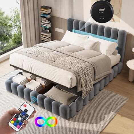 Letto 180x200 cm - Letto contenitore 180x200 e rete - Testiera LED RGB, prese USB/Type-C - Senza materasso - Tessuto velluto grigio