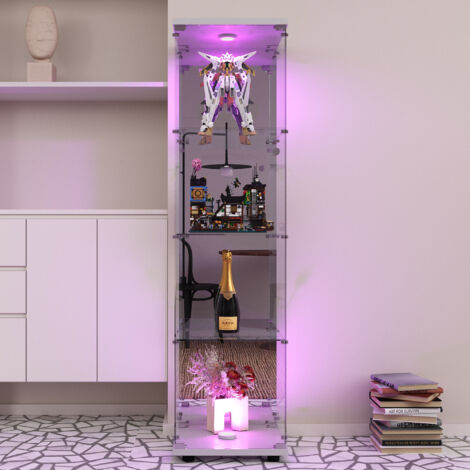 Vetrina espositiva a 4 ripiani in vetro temperato, 42,5x36,5x164 cm, illuminazione LED integrata, fondo a specchio e serratura, bianco