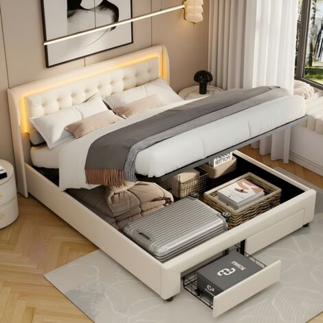 Letto 180x200 cm - Letto contenitore 180x200 e rete - Letto matrimoniale con testiera LED RGB e cassetti contenitori - Velluto beige (1/5)