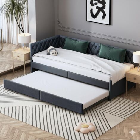 Letto estraibile 90x200 cm - Divano letto estensibile - Design capitonné stile Chesterfield - Con rete a doghe - In velluto grigio