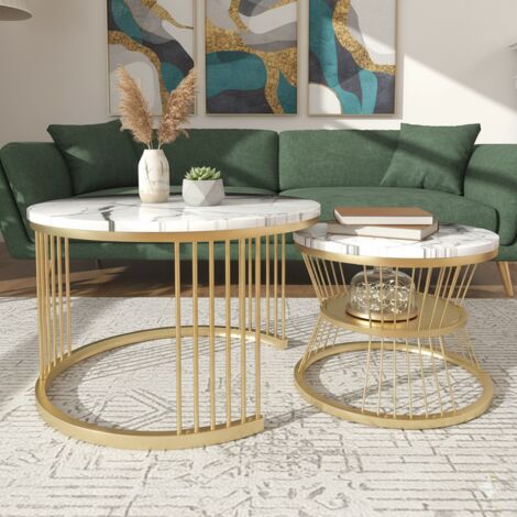 Set di 2 tavolini gigognes rotondi moderni – Piano effetto marmo e struttura in metallo dorato – Soggiorno e camera da letto - Bianco