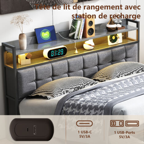 Letto Matrimoniale 140x200 Cm In Metallo Nero Con LED RGB, Testiera Portaoggetti In Legno E Stazione Di Ricarica USB E Type-C - Struttura Con Contenitore Sotto - 3