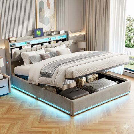 Letto 160x200 cm - Letto contenitore 160x200 con rete e testiera contenitore - LED e porta ricarica - velluto - grigio