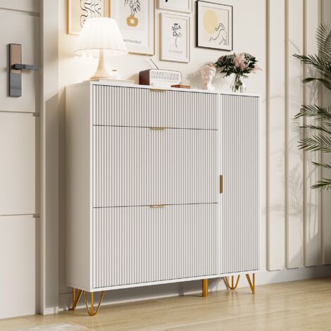 Mobile scarpiera - 3 ante a ribalta doppio scomparto + 1 portaoggetti - Piedini in metallo - 110x24x118,5 cm - Moderno e antiribaltamento - Bianco