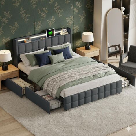 Letto 160x200 cm - Struttura letto matrimoniale con rete - 4 cassetti - Testiera LED con prese USB - in lino grigio