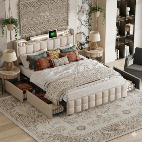 Letto 140x200 cm - Struttura letto matrimoniale con rete - 4 cassetti - Testiera LED con prese USB - in lino beige