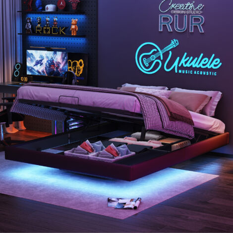 Letto 160x200 cm - Letto contenitore 160 e rete - Letto flottante LED RGB con contenitore - Senza testiera - Similpelle PU nera