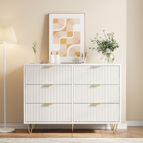 Comò a 6 cassetti - 100x34x73 cm - Effetto ondulato - Mobile contenitore di design con gambe dorate - Bianco