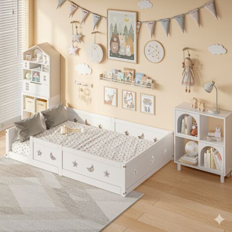 Letto evolutivo 120x200 cm - lettino per neonati - Lettino con sponde e piedini con stella e luna - Legno - Bianco