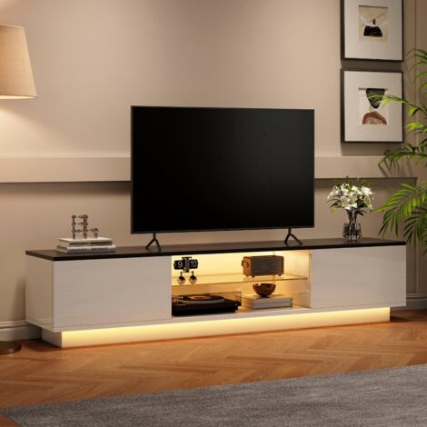 Mobile TV - 140x32x30 cm - con LED RGB connesso - Ripiani e ante in vetro - Portata 50 kg - Bianco laccato e nero