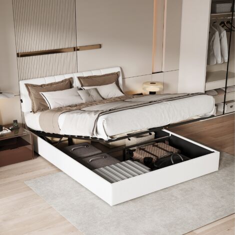 Letto 140x190 cm - Letto contenitore 140x190 con spazio di archiviazione e porte di ricarica USB - Imbottito in tessuto pile - Crema