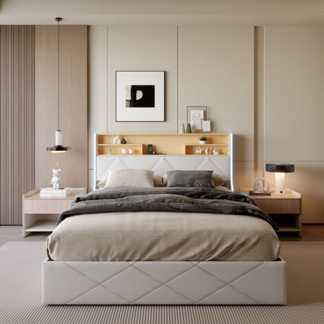 Letto per adulti 140x200 cm con rete a doghe, letto contenitore con LED e USB, telaio letto matrimoniale, tessuto in PU, 140x200 cm, bianco (1/5)