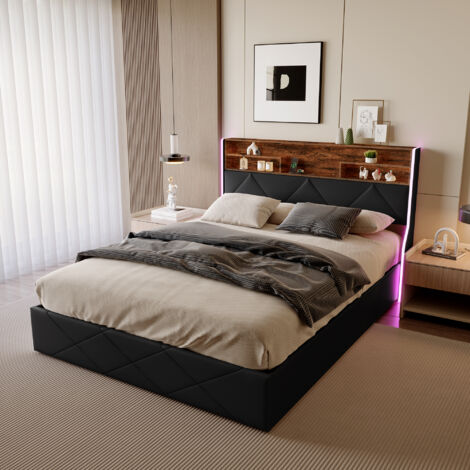 Letto per adulti 160x200 cm con rete a doghe, letto contenitore con LED e USB, telaio letto matrimoniale, tessuto in PU, 160x200 cm, nero (1/5)