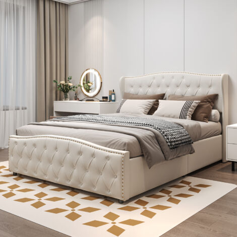 Letto 160x200 cm - tessuto in velluto - rete a doghe - struttura letto per adulti 160x200 cm - bianco sporco (1/5)